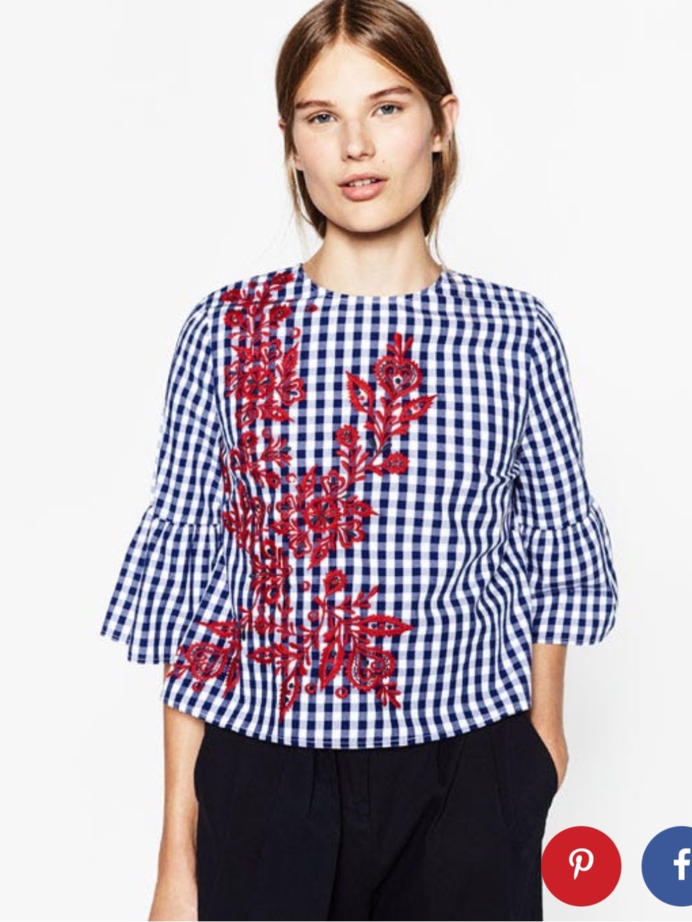 TSCZ Blue Gingham Embroidered Bell-Sleeve Top - Women